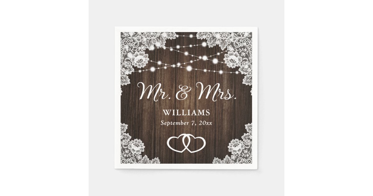 Rustic Wood Hearts Lace String Lights Wedding Napkins | Zazzle