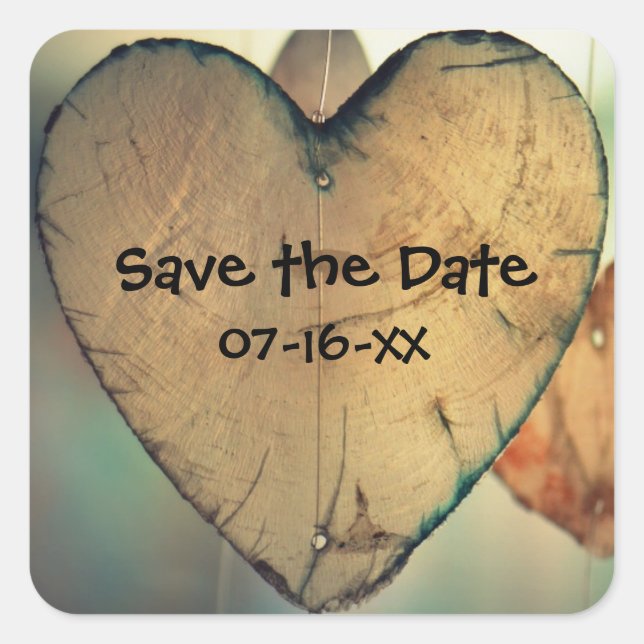 Rustic Wood Hearts Save the Date - Square Stickers (Front)