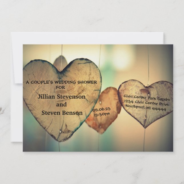 Rustic Wood Hearts - Wedding Shower Invite (Front)