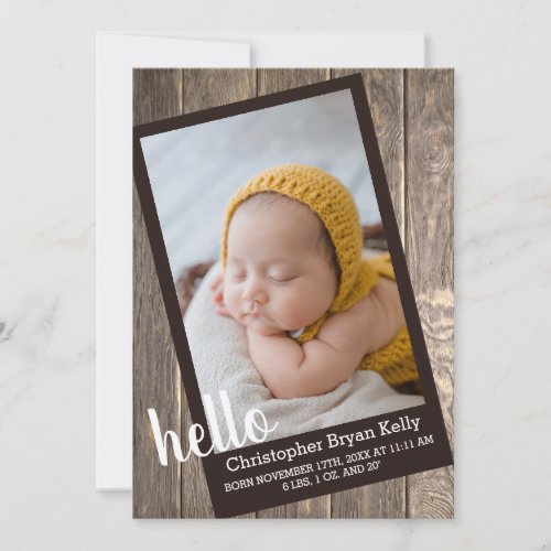 Rustic Wood Hello Birth Announcement