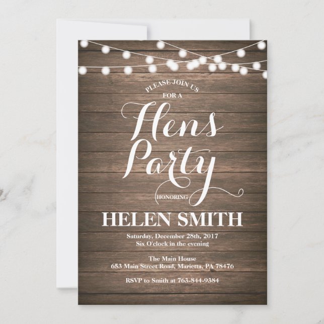 Rustic Wood Hens Party Invitation Card (Front)