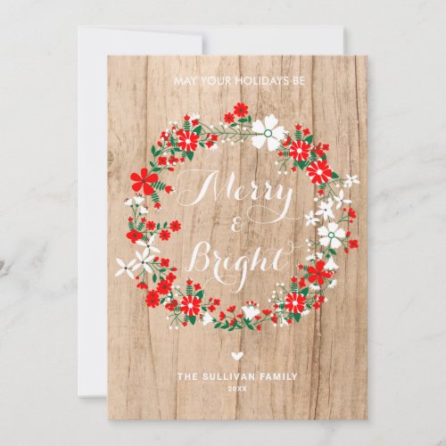 Rustic Wood Holiday Floral Wreath Christmas Card