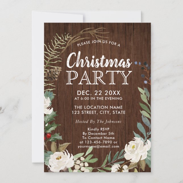 Rustic Wood Holiday Wreath Christmas Party Invitation (Front)