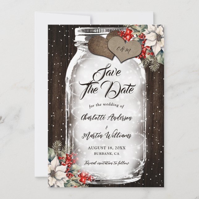 Rustic Wood Holly Berries Mason Jar Winter Wedding Save The Date (Front)