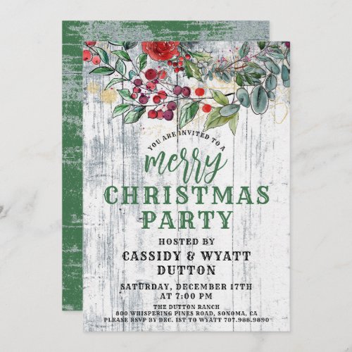 Rustic Wood Holly Christmas Party Invitation