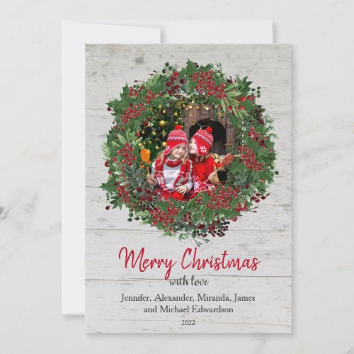 Rustic wood holly Merry Christmas family photo Holiday Card
