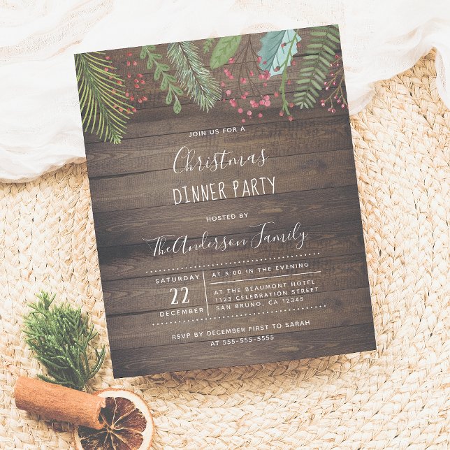 Rustic Wood Holly & Pine Holiday Party Invitation Postcard (Creator Uploaded)