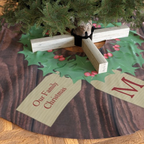 Rustic Wood Holly Wreath Monogram Christmas  Brushed Polyester Tree Skirt