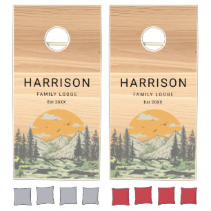 Rustic Wood Home Family Name Mountain Forest Cornhole Set