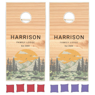 Rustic Wood Home Family Name Mountain Forest Cornhole Set
