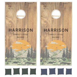 Rustic Wood Home Family Name Mountain Forest Cornhole Set