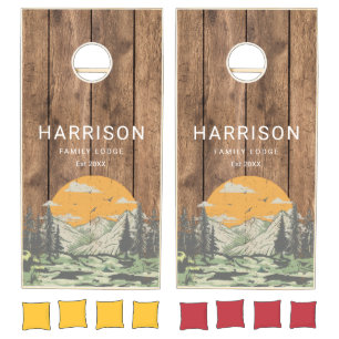 Rustic Wood Home Family Name Mountain Forest Cornhole Set