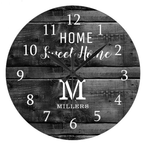 Rustic Wood Home Sweet Home Family Name  Monogram  Large Clock