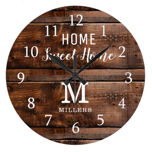 Rustic Wood Home Sweet Home Monogram Family Name Large Clock