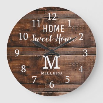 Rustic Wood Home Sweet Home Monogram Family Name Large Clock by InitialsMonogram at Zazzle