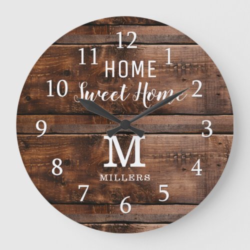 Rustic Wood Home Sweet Home Monogram Family Name Large Clock