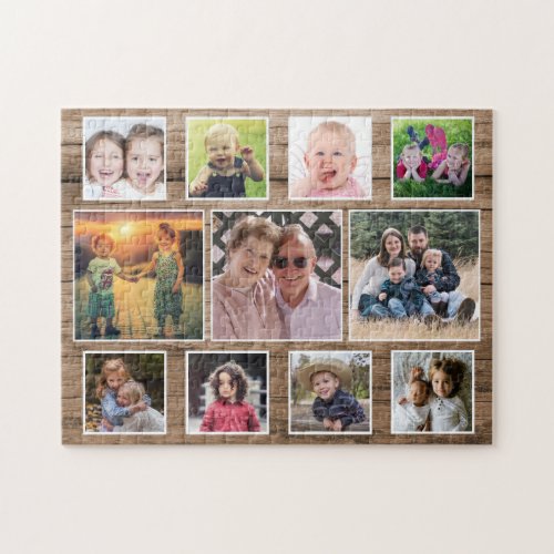 Rustic Wood Horizontal 11 Family Photo Collage Jigsaw Puzzle
