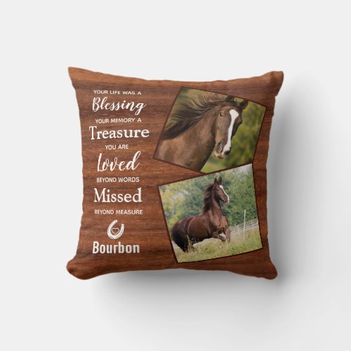 Rustic Wood Horse Memorial Photo Throw Pillow