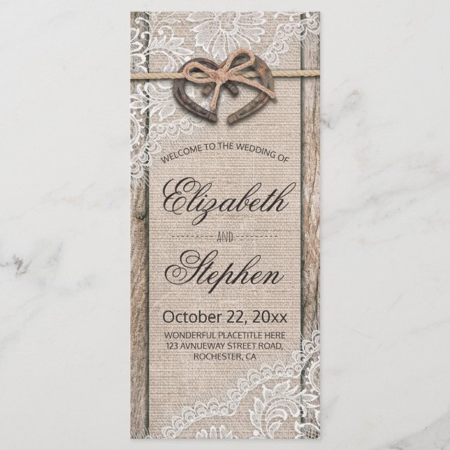 Rustic Wood Horseshoes Burlap Lace Wedding Program (Front)