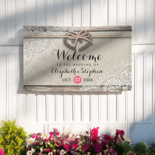 Rustic Wood Horseshoes Burlap Lace Wedding Welcome Banner