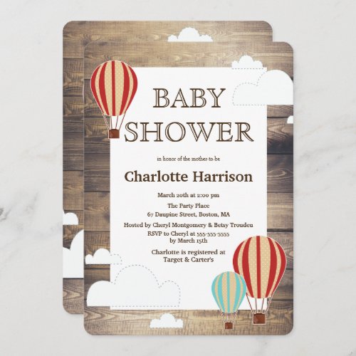 Rustic Wood Hot Air Balloons  Clouds Baby Shower Invitation