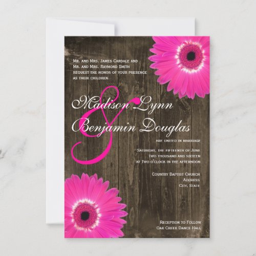 Rustic Wood Hot Pink Daisy Wedding Invitations
