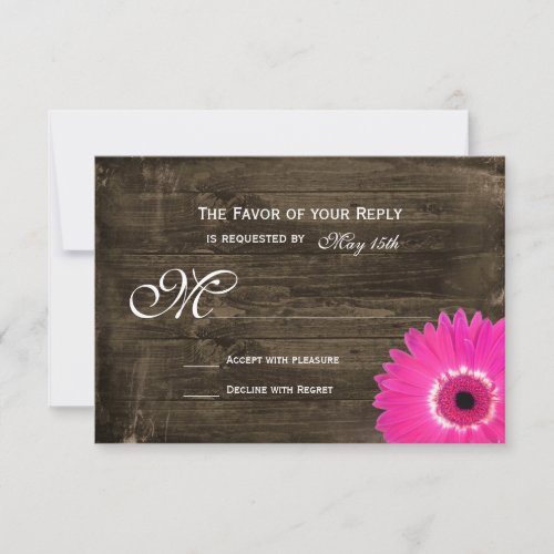 Rustic Wood Hot Pink Daisy Wedding RSVP Cards