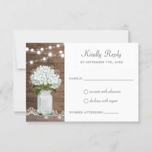 Rustic Wood Hydrangea Mason Jar Lace Babys Breath Invitation