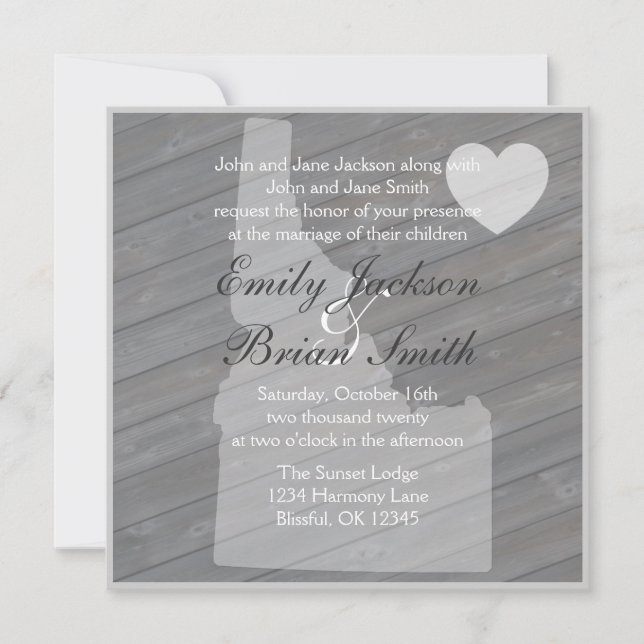Rustic wood Idaho gray wedding invitations (Front)
