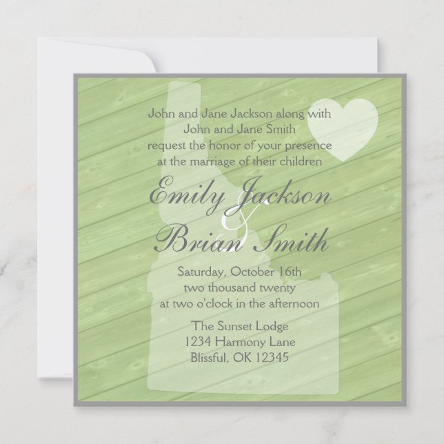 Rustic wood Idaho green wedding invitations (Front)