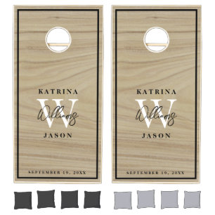Rustic Wood Initial Monogrammed Wedding Newlyweds Cornhole Set