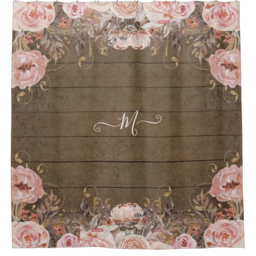 Rustic Wood Initial Pink Watercolor Floral Vintage Shower Curtain