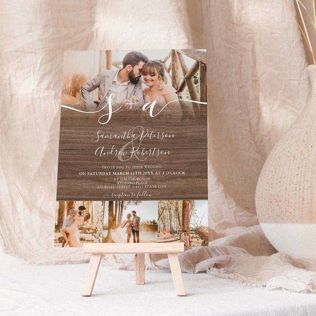 Rustic wood initials script 5 photos wedding invitation (Creator Uploaded)