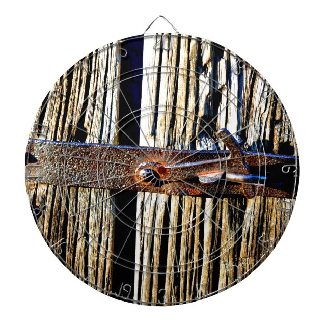 Rustic Wood & Iron Metal Latch Dartboard (Front)