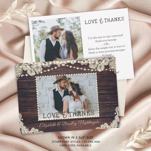 Rustic Wood Ivory Lace Lights 2 Photos Wedding Thank You Card