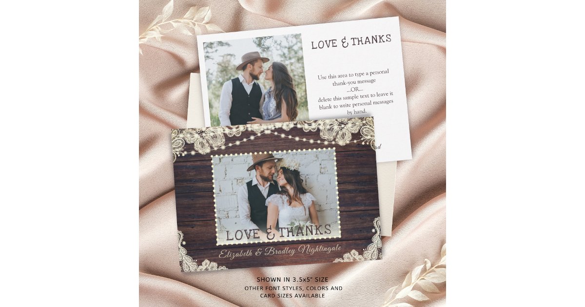 Rustic Wood Ivory Lace Lights 2 Photos Wedding Thank You Card | Zazzle