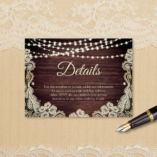 Rustic Wood Ivory Lace String Lights Details Enclo Enclosure Card