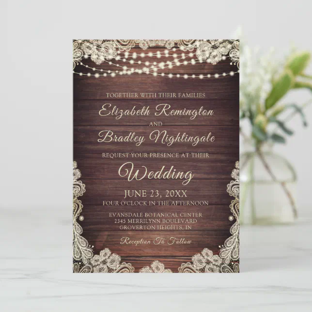 Rustic Wood Ivory Lace String Lights Wedding Invit Invitation | Zazzle