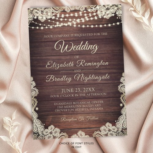 Rustic Wood Ivory Lace String Lights Wedding Invitation