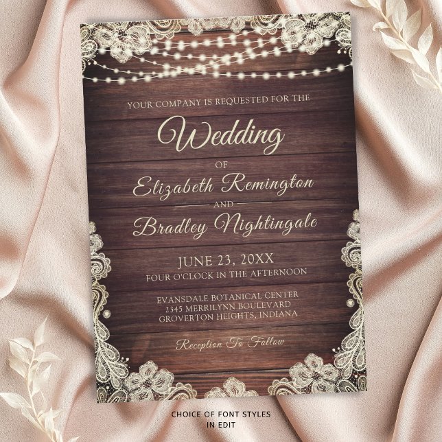 Rustic Wood Ivory Lace String Lights Wedding Invitation (Creator Uploaded)