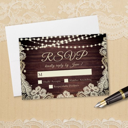 Rustic Wood Ivory Lace String Lights Wedding RSVP Card