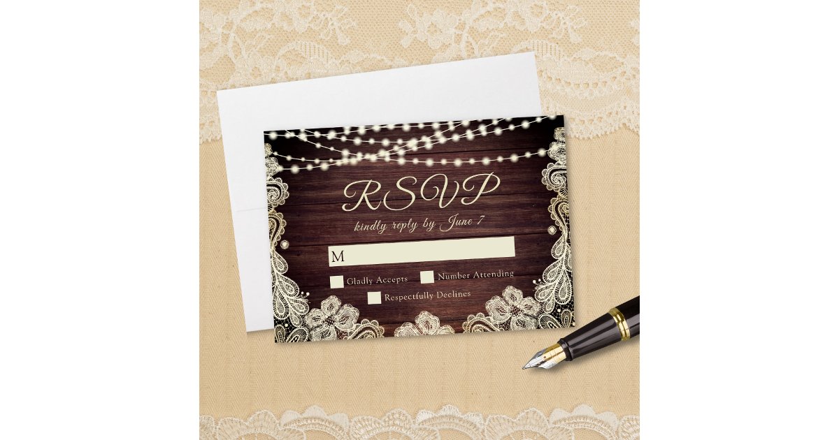 Rustic Wood Ivory Lace String Lights Wedding RSVP Card | Zazzle
