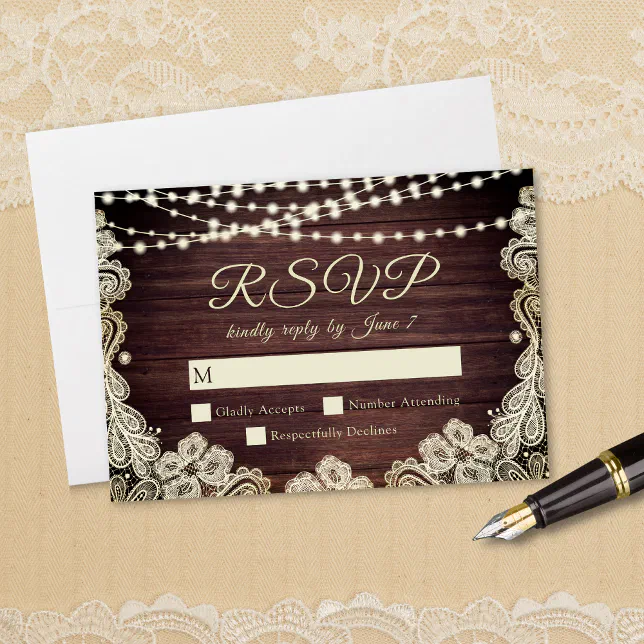 Rustic Wood Ivory Lace String Lights Wedding RSVP Card | Zazzle