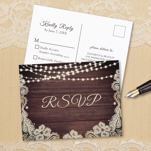 Rustic Wood Ivory Lace String Lights Wedding RSVP Invitation Postcard