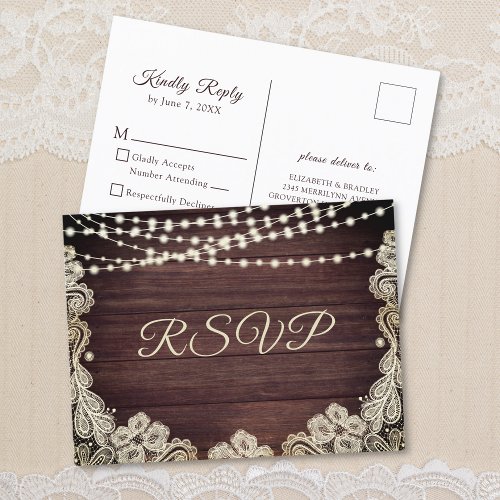 Rustic Wood Ivory Lace String Lights Wedding RSVP Invitation Postcard