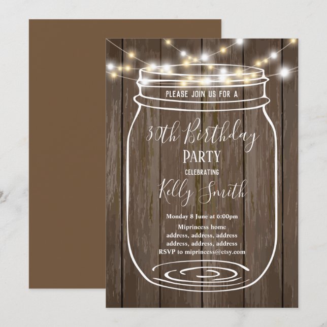 rustic wood, jar, birthday party invitation (Front/Back)