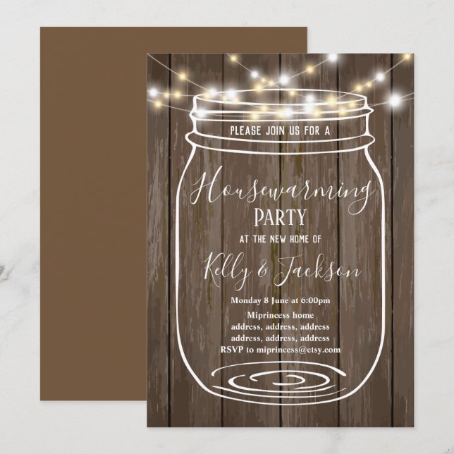 rustic wood, jar, housewarming party invitation (Front/Back)