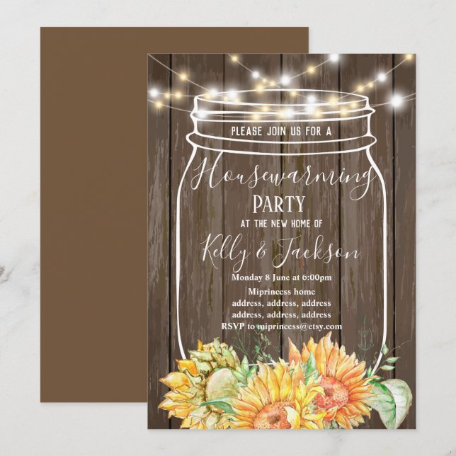 rustic wood, jar, housewarming party invitation (Front/Back)