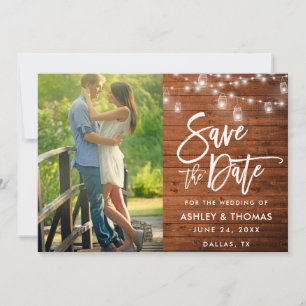Rustic Wood Jar Lights Brush Script Photo Save The Date