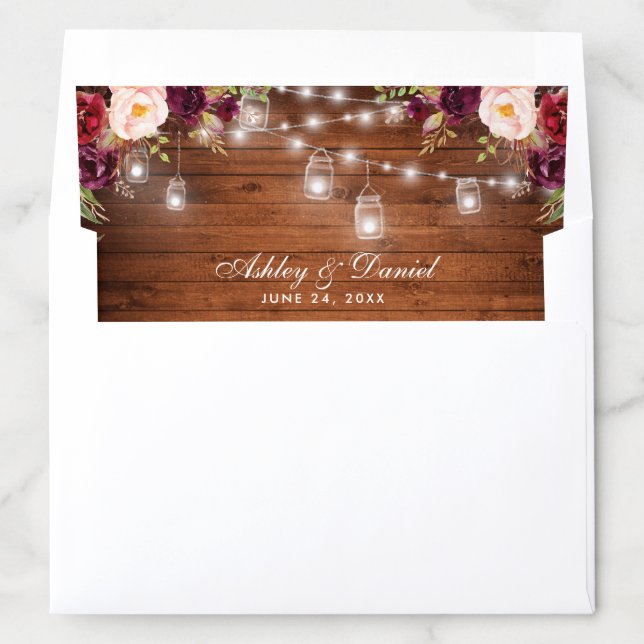 Rustic Wood Jar Lights Burgundy Floral Wedding Envelope Liner (In Envelope)